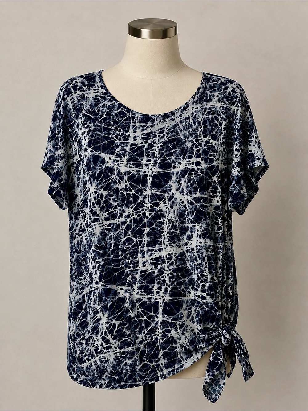 Michael Kors Dark Navy and White Tie-Dye Short Sleeve Top with Side Knot